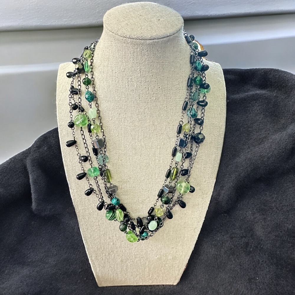 Lia Sophia Multi Layer Green Glass and Resin Stone Gun Metal Necklace 18-20”